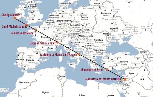la linea retta che attraversa tutta l'Europa chiamata linea sacra di San Michele o linea michelita