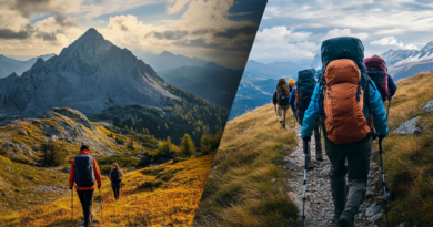 Persona che pratica hiking su un sentiero facile e gruppo di trekking con attrezzatura completa. Differenze hiking trekking