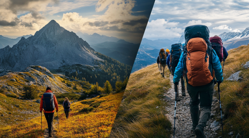 Persona che pratica hiking su un sentiero facile e gruppo di trekking con attrezzatura completa. Differenze hiking trekking