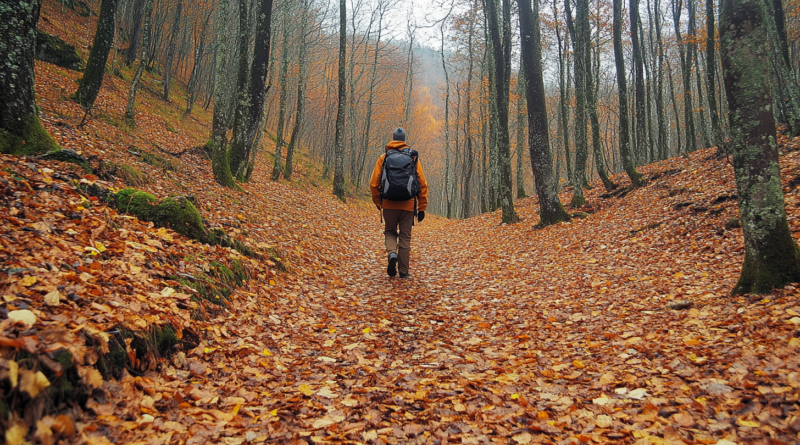 Escursionista percorre un sentiero immerso nei colori autunnali, perfetto per il trekking o l’hiking in Italia. I paesaggi mozzafiato del foliage, con boschi dalle foglie rosse e dorate, creano un ambiente ideale per avventure all'aria aperta durante l'autunno, sia per trekking di più giorni che per escursioni giornaliere.